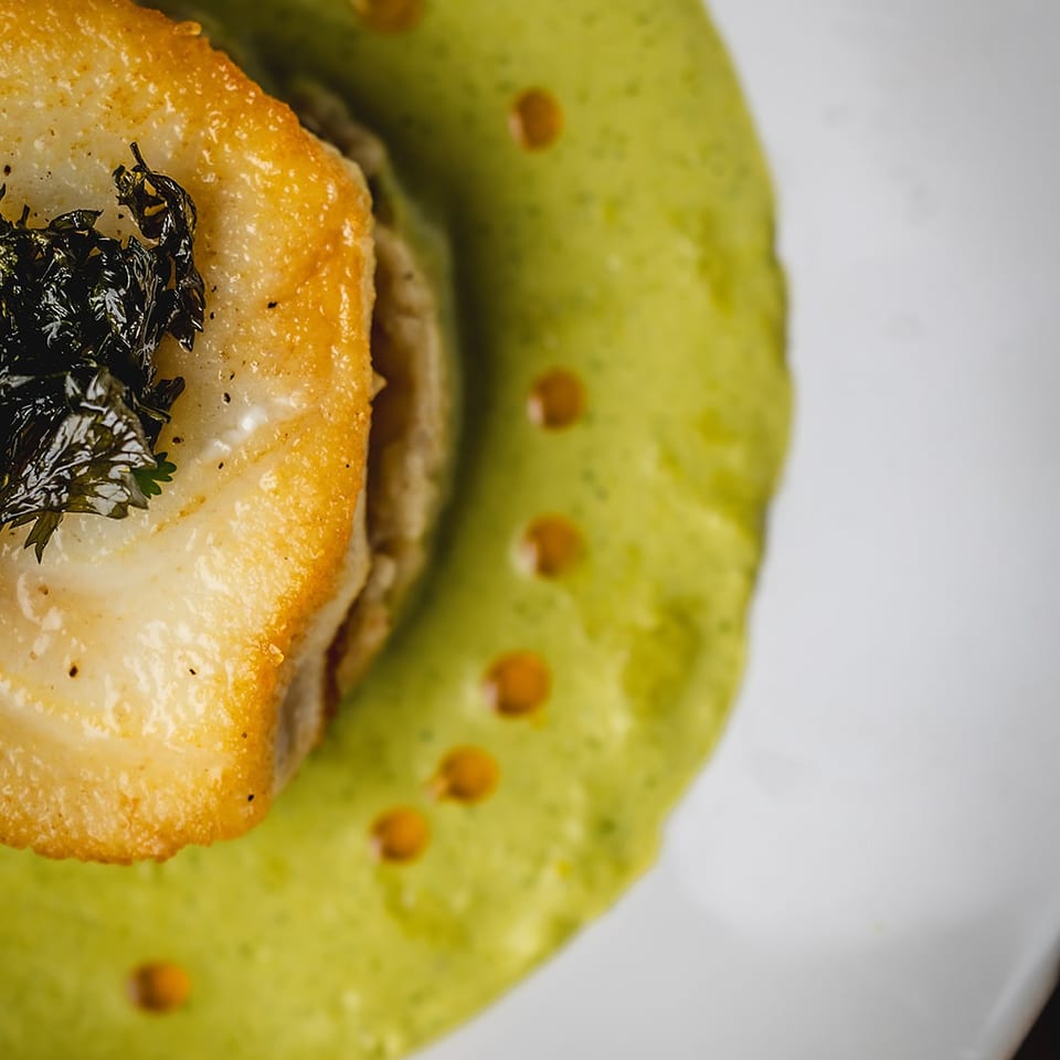 Close-up of seared fish topped with herbs on a green tortilla or flatbread, served on a white plate.