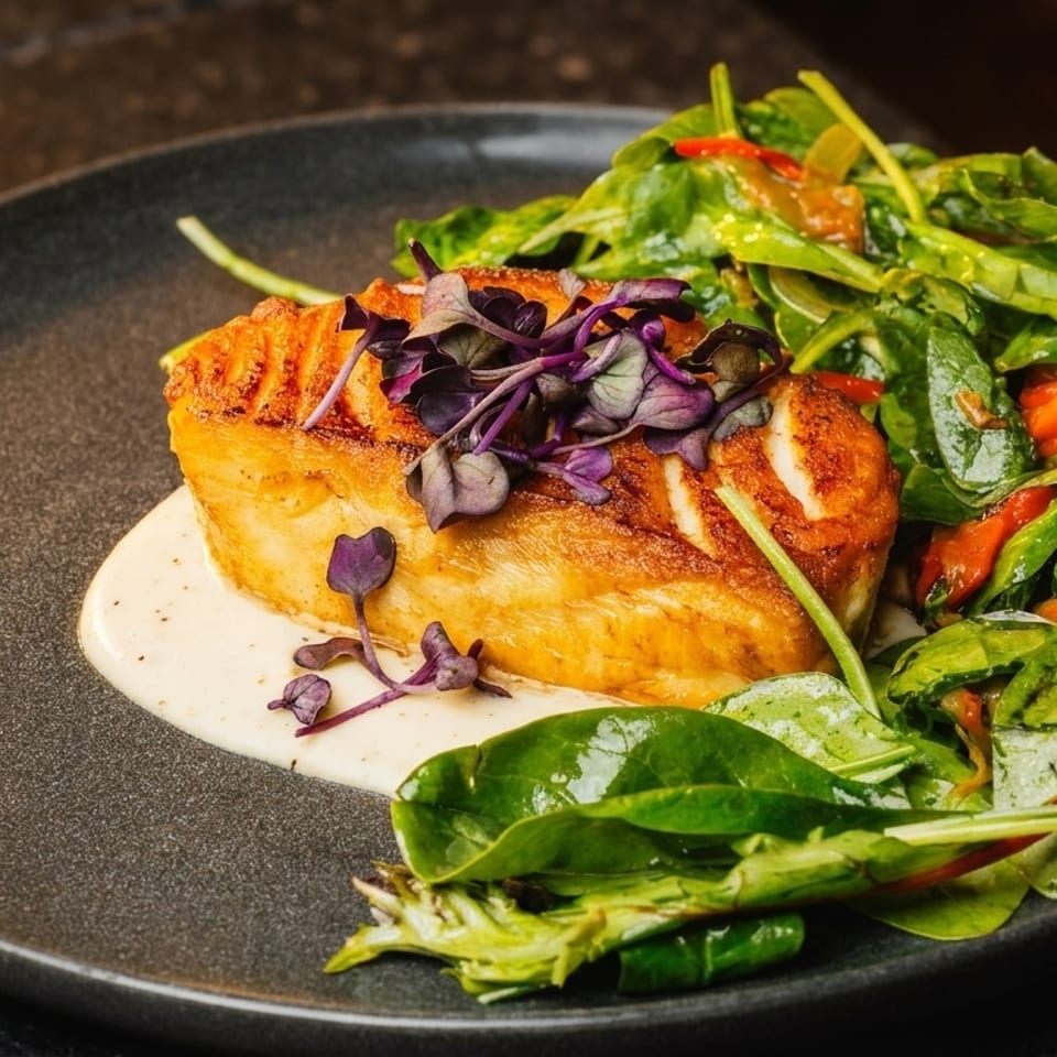 Pan-seared fish fillet with creamy sauce, topped with purple microgreens, alongside a fresh spinach salad.