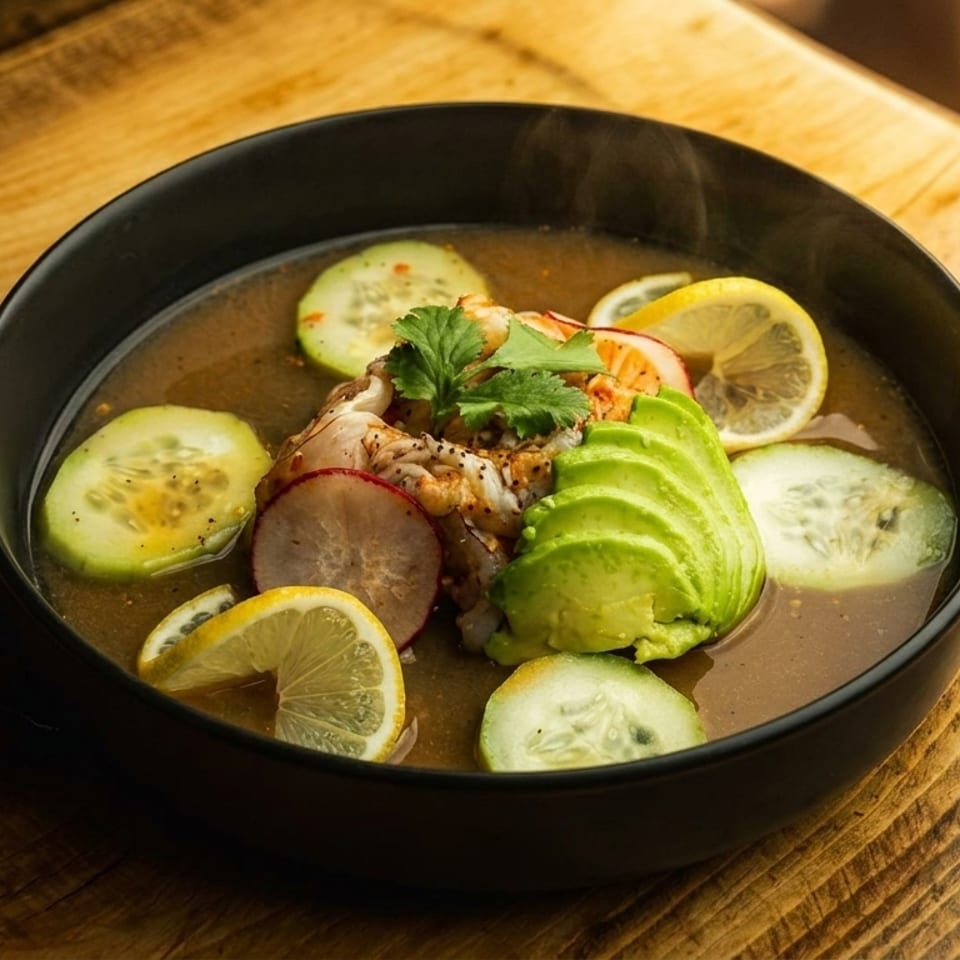 Steaming bowl of seafood soup with avocado, cucumber, radish, and lemon slices on a wooden table.