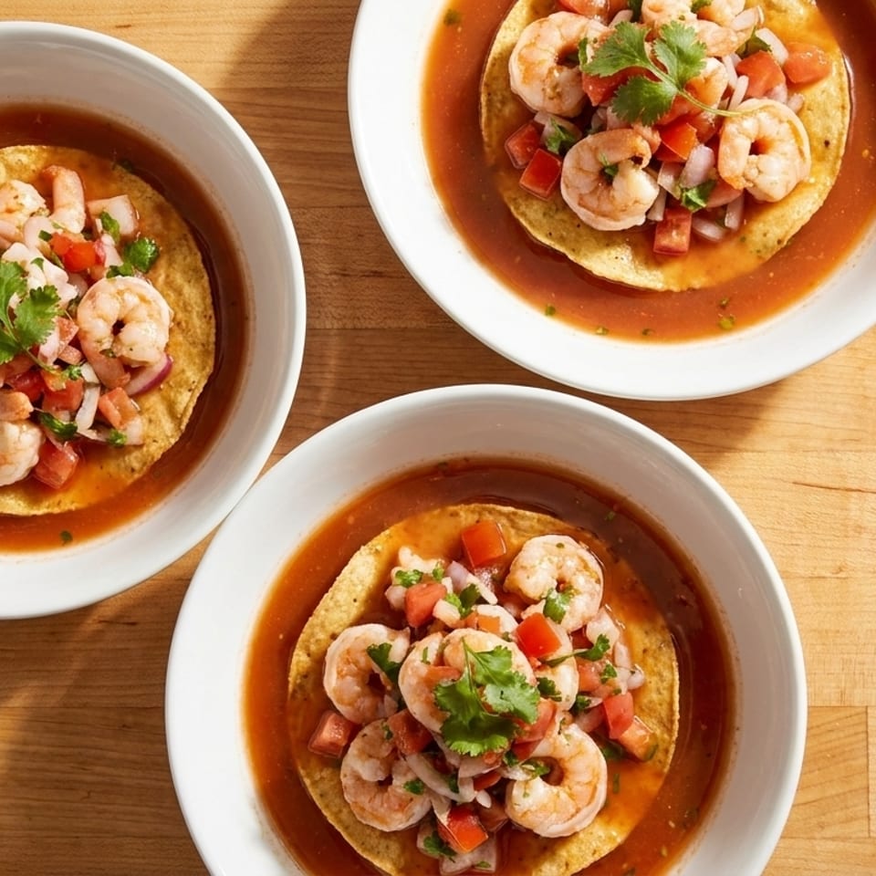 Three bowls of shrimp ceviche tostadas with red sauce and cilantro on a wooden table.