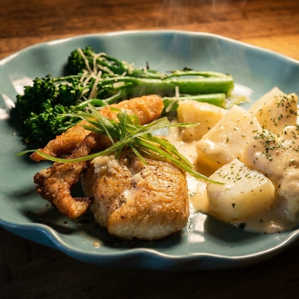 Steaming plate of pan-seared fish, crispy fried calamari, roasted potatoes, and broccolini.